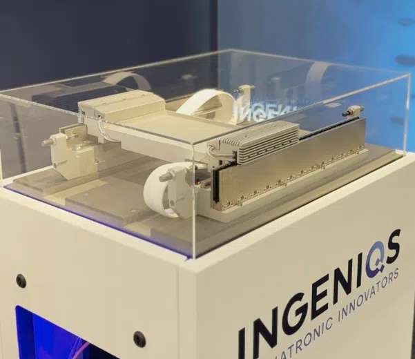 High-precision linear motion stage display showcased during Machine Build and Test procedures